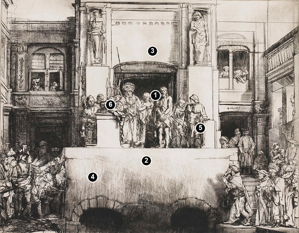 Annotated details from Christ Presented to the People by Rembrandt van Rijn